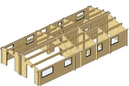 3D design render of a log cabin wall structure, Torwood Country Lodges