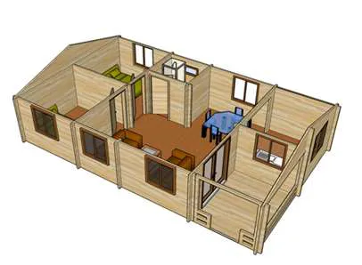 3D design render of a log cabin floor layout, Torwood Country Lodges