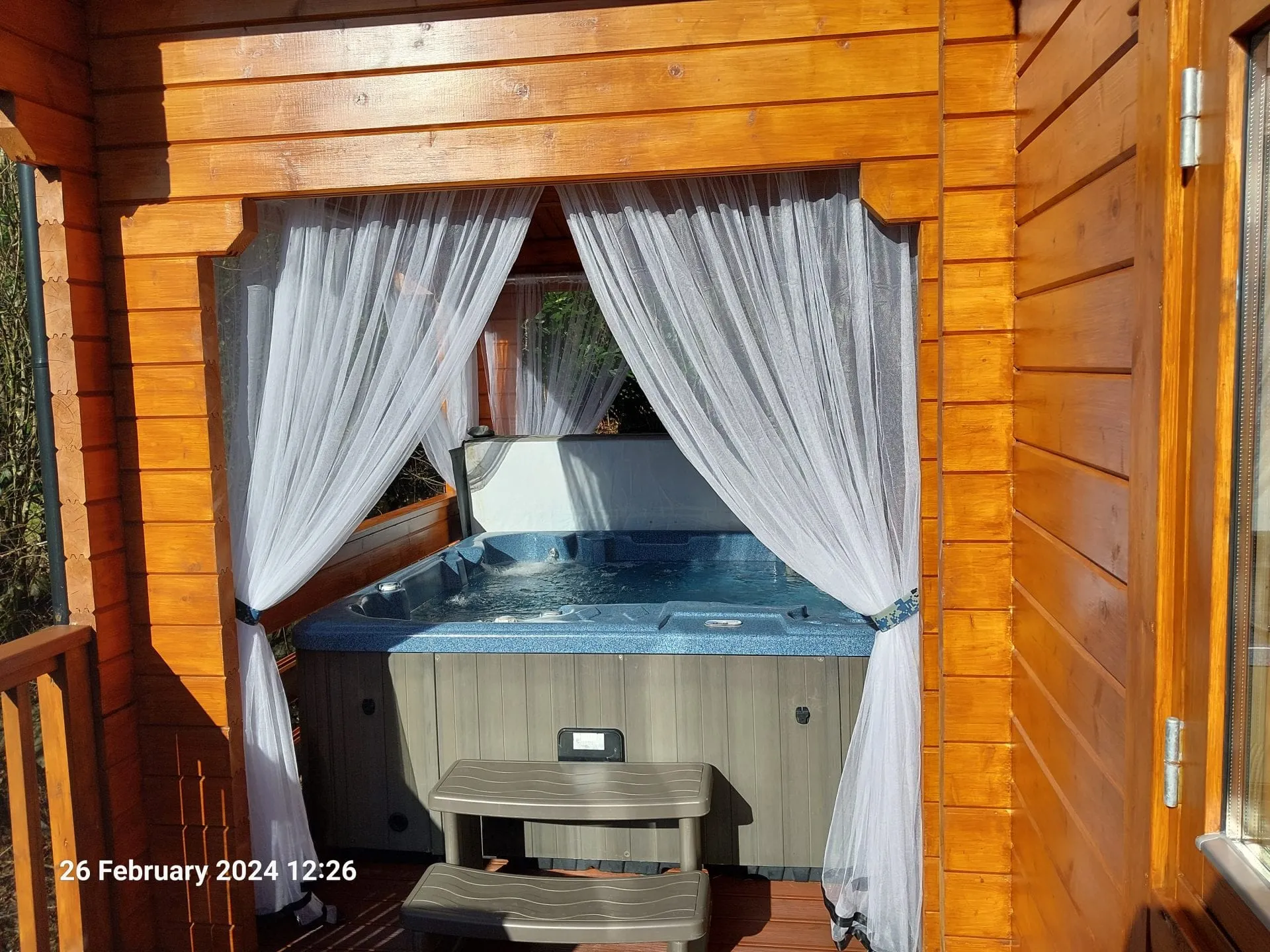 Covered private hot tub at Little Lodge, Torwood Country Lodges, Newton Stewart