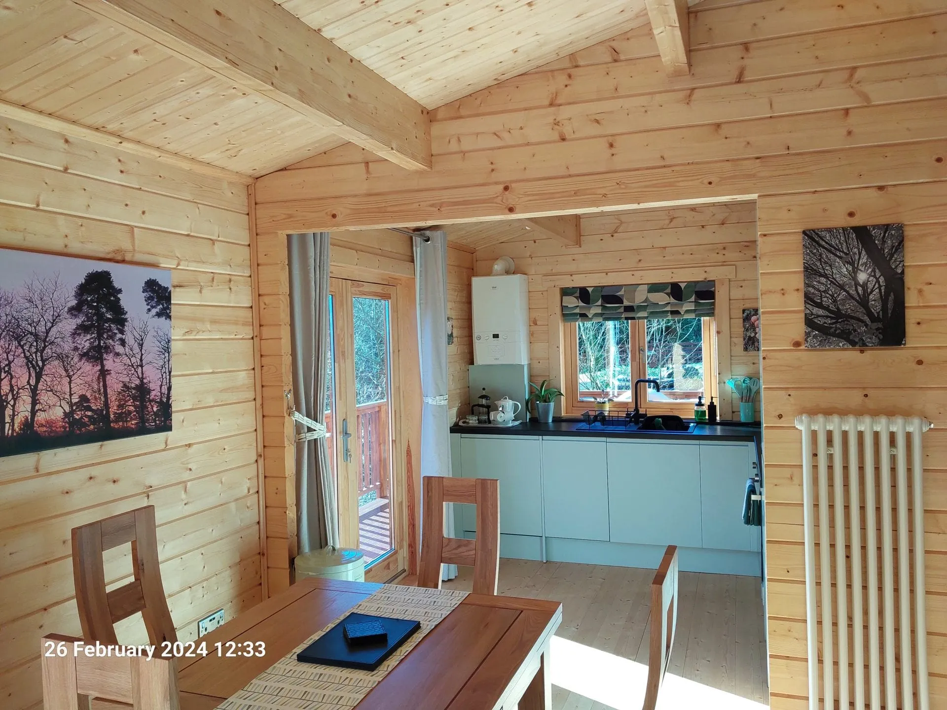 Open plan kitchen and dining in Little Lodge, Torwood Country Lodges, Newton Stewart