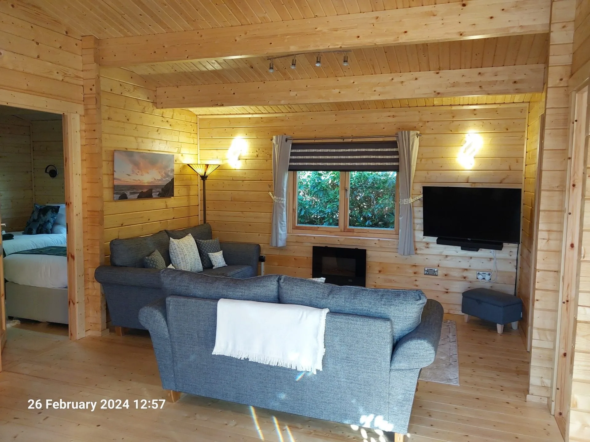 Open plan living area inside Little Lodge at Torwood Country Lodges, Dumfries and Galloway