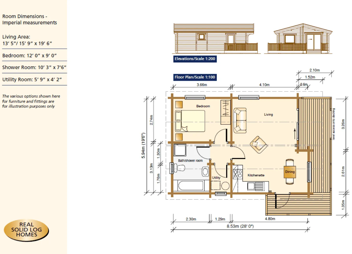 1 Bedroom Lodge floor plan and elevations, Torwood Country Lodges