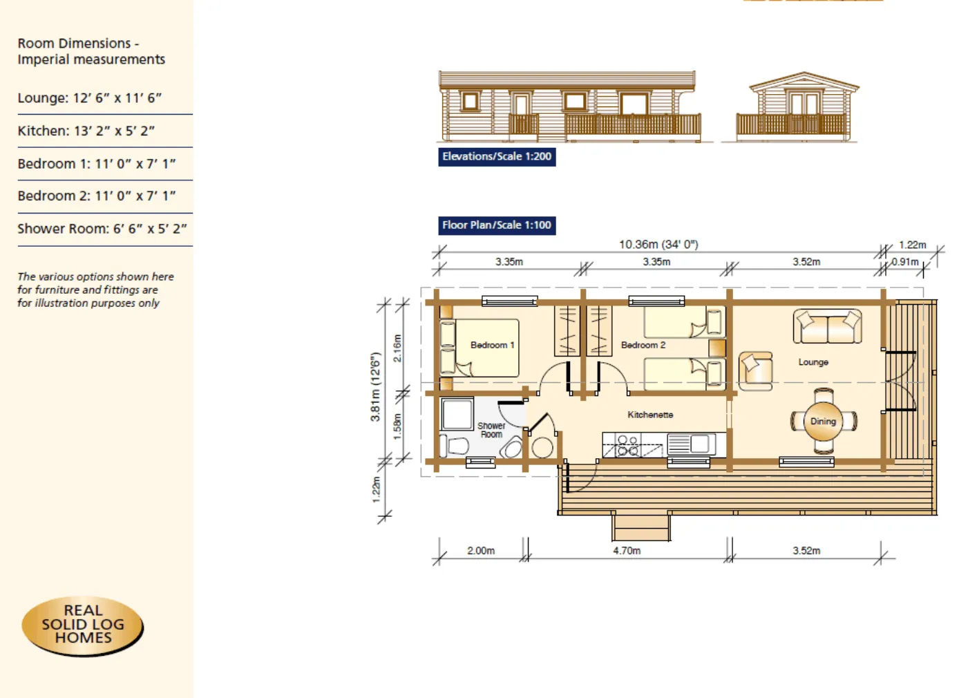 2 Bedroom Lodge floor plan and elevations, Torwood Country Lodges