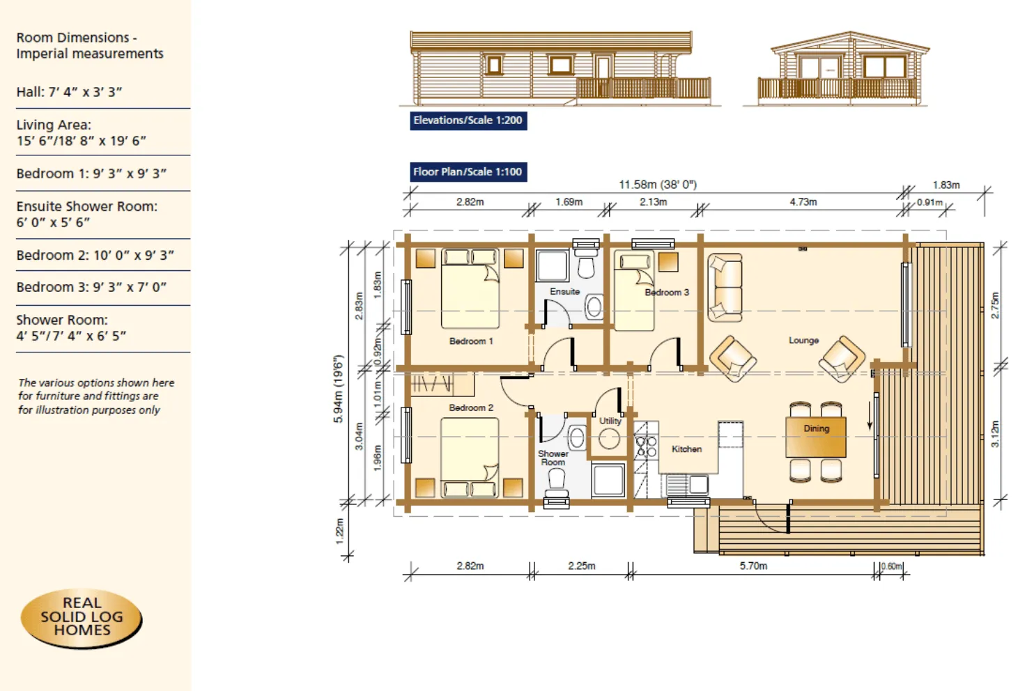 3 Bedroom Lodge floor plan and elevations, Torwood Country Lodges