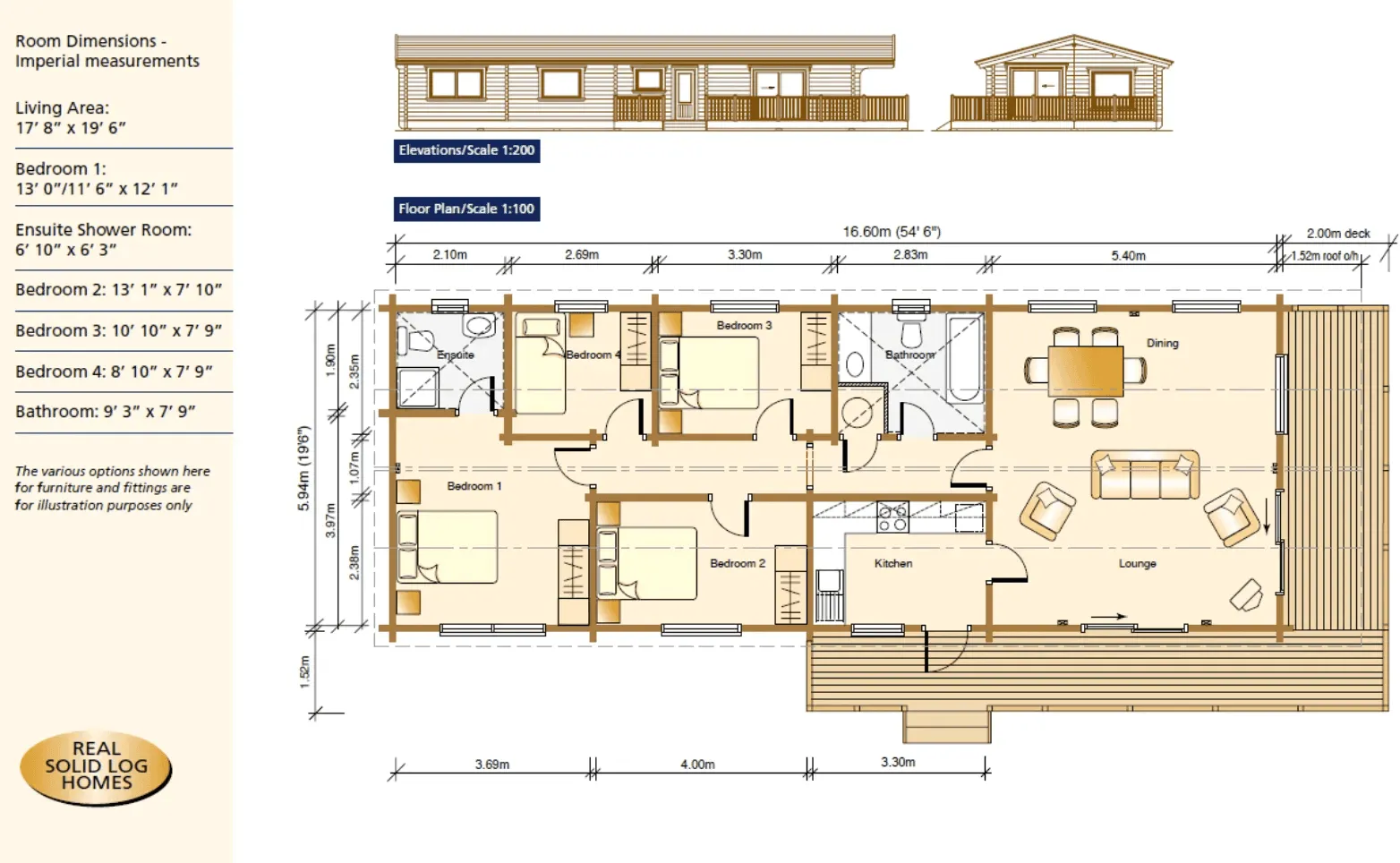 4 Bedroom Lodge floor plan and elevations, Torwood Country Lodges