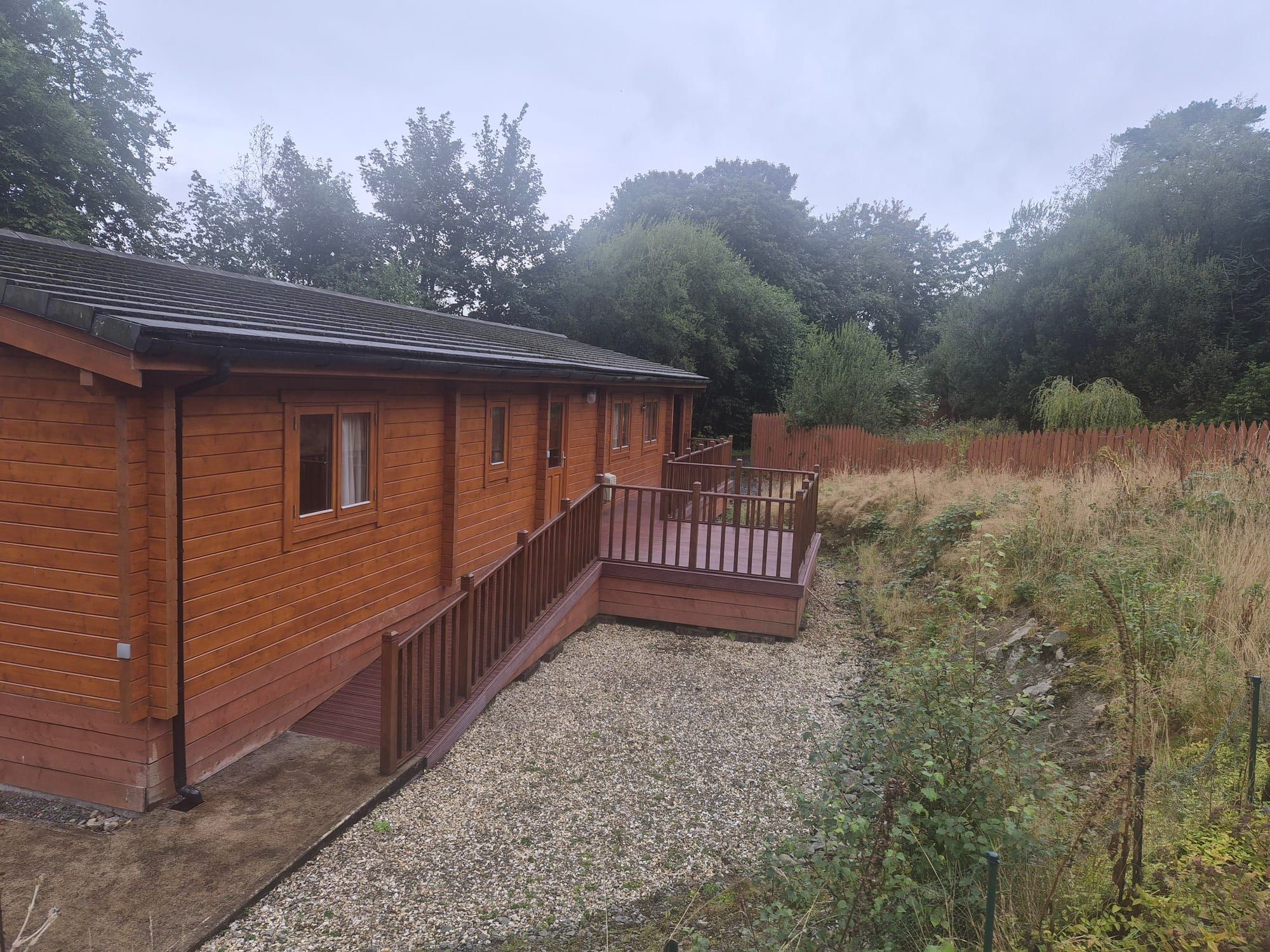 Timber lodge among the trees at Torwood Country Lodges, Dumfries and Galloway